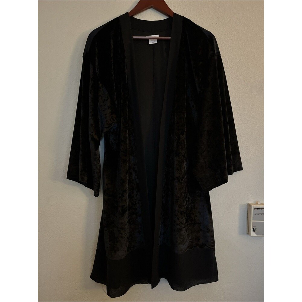 Shimera Velour Kimono Cardigan Black Open Front Chiffon Trim 3/4 Wide Sleeve S